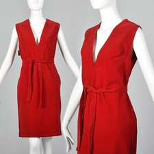 Small 1960s Deadstock Velveteen Jumper Dress Deep V-Neck Tie Belt Vintage 60s
