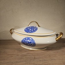 SOUPIERE OVALE VINTAGE EN CÉRAMIQUE LIMOGES PL FRANCE / DORÉE MOTIF BLEU 