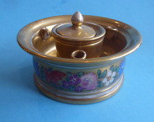MEHUN Pillivuyt, Encrier Empire en porcelaine décor fleurs dorées 1890 d 12,5 cm
