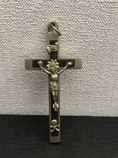Ancien Crucifix Croix Pendentif en Métal Blanc et Bois Ebène