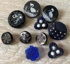 Lot 10 boutons anciens  Verre émail XIXéme fleurs Grue cigogne