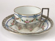 RARE sublime GRANDE TASSE et SOUCOUPE porcelaine de SEVRES MONTURE ARGENT MASSIF