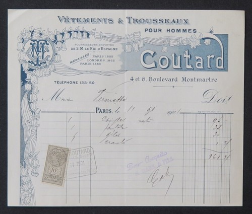 Facture paris 1901 vetement - facture,