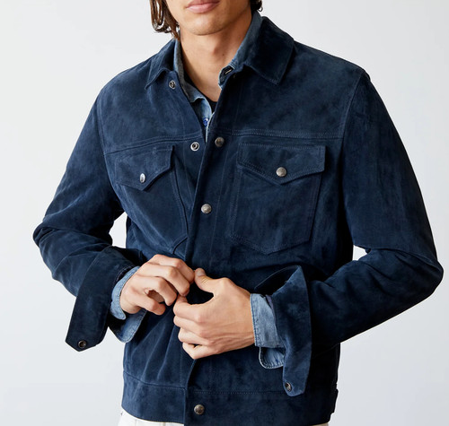 Veste camionneur cuir bleu - veste,