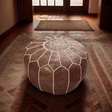 Pouf Marocain en Cuir Véritable Naturel - Housse Brodée à la Main, Style Ottoman