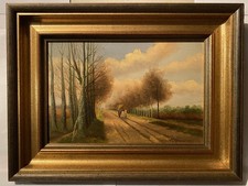 TABLEAU PAYSAGE CHARETTE DE FOIN HUILE SUR PANNEAU BOIS SIGNEE ENCADREE
