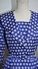 New 1950's French blue woven wool jacquard floral dress size 10 made in France