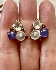 TANZANITE AIGUE-MARINE TOPAZE  OR Rose/ARGENT  BOUCLES D’OREILLES ANCIENNES