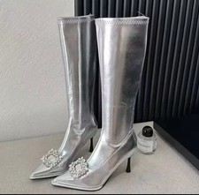 Bottes Hautes Femme Élégantes Argent Avec Talon Fin Et Boucle Bijou CF50935