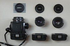 Bronica S2A with back and strap + 3 lenses + 2 back + lenshood