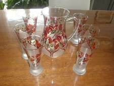 SERVICE A ORANGEADE  1 pichet  ET 6 VERRES  Décor floral en verre soufflé