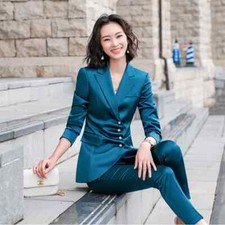 Costume Ensemble Femme Bureau Veste Pantalon Manches Slim Fit Bleu T123