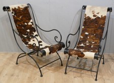 Paire De Fauteuils Fer Forgé Façon Chaises Longues Et Peau De Vache, époque XIX