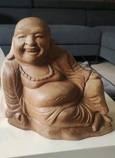 Grand Bouddha Rieur En Bois Balinais Feng-Shui/Porte-Bonheur. Dim 30 x 32 cm