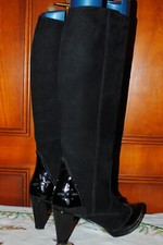 Bottes, femme, haute gamme, 39, Flavio, noir, cuir vernis, daim,vintage,qualité.