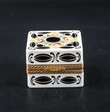 Antique Crystal Glass Box Murano Enamel Overlay Jewelry Trinket Green Painted