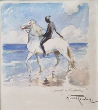 Aquarelle orientaliste Fantasia Maroc Cheval Peintre belge ROMBERG 19e