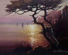 Jean QUEFFELEC Paysage Marin Coucher de Soleil Au Bateaux de Pêche