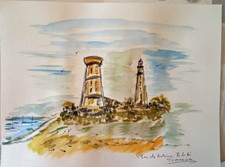 AQUARELLE PHARE  ILE DE RE  ART TABLEAU PEINTURE PARIS JUMEAUX JEAN PIERRE