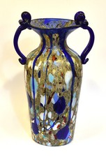 Magnifique Grand Vase Amphore Bleu Cobalt Murano Millefiori