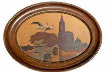 Tableau Ovale PYROGRAVURE décor Nid de Cigognes Paysage d'Alsace Signé RODI