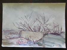 50X35 Cm Tableau Peint À L'Aquarelle Vintage Paysage Enneigé Hiver P14