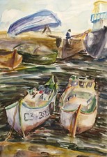Tableau aquarelle impressionniste vintage paysage bateaux