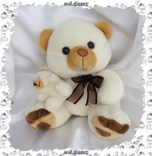 Doudou Peluche Ours Assis Avec Son Bébé Ecru Noeud Marron XL CONCEPT
