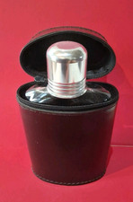 Ancienne Flasque Whisky Alcool De Voyage En Verre , Étui Cuir Noir Marque TV 944