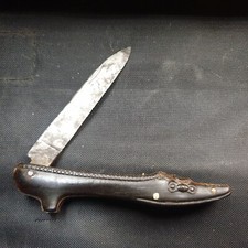 Beau canif couteau miniature pliant corne sculptée soulier chaussure fin XIXe