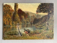 Lavandières en bord de rivière, Huile sur toile signée, Tableau, Fin XIXe