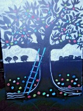   MARTINERY  L' ECHELLE BLEUE   toile de lin 38 sur 45cm Acrylique 