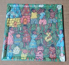 Tableau peint Art Africain Afrique Scène De Vie Personnages Village VINTAGE