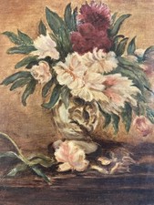 Belle Peinture 1960 Huile Sur Toile Bouquet Fleur Fleurs Signé À Identifier Art