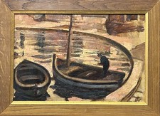 Original Antique Oil Painting, Fisherman on The Sea, Cityscape Houses, Framed