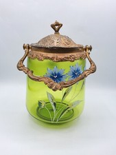 Seau à biscuits verre soufflé coloré émaillé décor floral de bleuets Art Nouveau