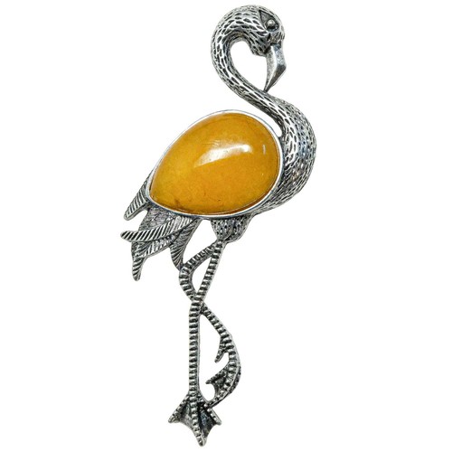 Broche flamant rose avec - , jade