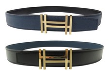 NEUF CEINTURE HERMES BOUCLE H AU CARRE T90 LIEN REVERSIBLE NOIR & BLEU BELT 780€
