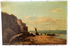 TABLEAU XIX EME HST BORD DE MER FALAISE VOILIERS PECHEURS SIGNE ARDOUIN 1886