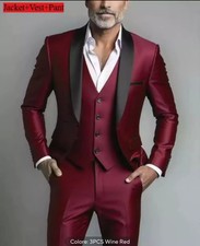 Costume Homme 3 Pièces Rouge Bordeaux Slim Fit Veste Gilet Pantalon 1127