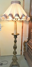 -LAMPADAIRE GRAND BOUGEOIR PIQUE CIERGE D'EGLISE XIX BRONZE BEL  ABAT JOUR TISSU