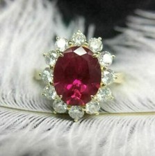 14K or Jaune Plaqué 3Ct Ovale Simulé Rubis Rouge Diamant Pretty Halo Bague