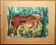 tableau aquarelle de Gérard Fagard (1938-2021): jument et son poulain