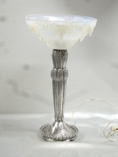 ?? LAMPE ART DÉCO VERRERIE GLOBE OPALESCENT EZAN FRANCE PIED MÉTAL ARGENTÉ L R