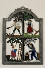 Petite Plaque Décorative en étain. Les Quatre Saisons. Peint Main