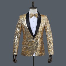 Homme Bling Sequin Slim Costume Veste Blazer avec Noeud Cravate Danse Spectacle