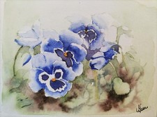 Aquarelle originale signée fleurs "Pensées bleues"