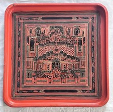 PLATEAU CARRE LAQUE DE BIRMANIE DECOR DE PERSONNAGES BOUDDHIQUES L 26,8 cm