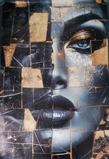Toile Visage féminin doré & noir – Art moderne – 119x80 cm – Très bon état