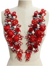 2pcs 3D Fleur Mariage Applique Cristal Perlé Bordure Dentelle Patch DIY Robe